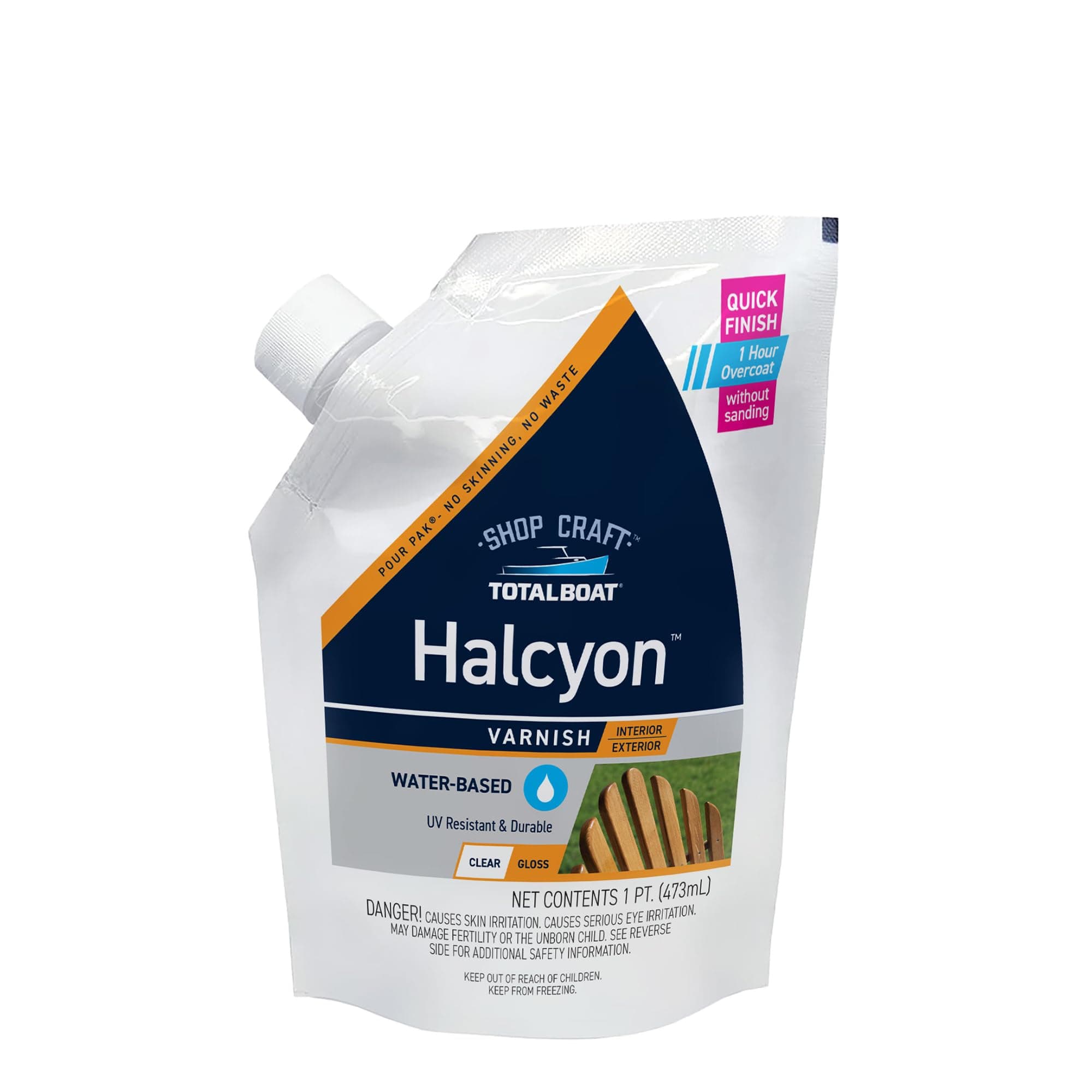 TotalBoat Halcyon Water-Based Marine Varnish | Fast-Drying Polyurethane Wood Finish for Boats, Outdoor Furniture, and Woodworking | Clear Gloss, Pint