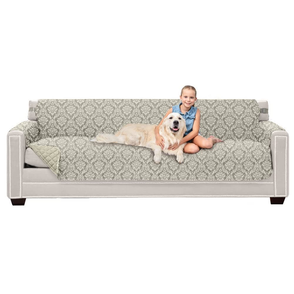 ソファシールド カウチスリップカバー 特許取得済みストラップ付き クッションプロテクター リバーシブル 汚れ防止 犬が破れにくいスリップカバー キルトマイクロファイバー 88インチシート 洗えるカバー 犬 ペット 子供 ダマスクラテアイボリー