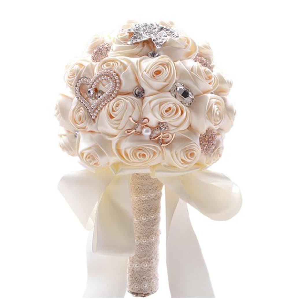 wedding bouquet Ivory Satin Roses rhinestone Crystal Diamond brooch Flower bridal buquets for Bride