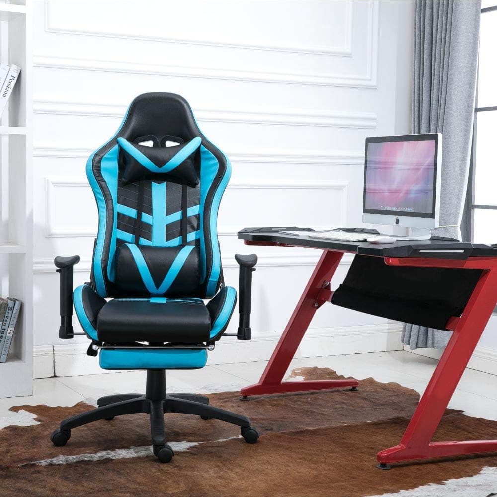 High Back Large Size PU Leather Gaming Chair Racing Style Chair Office Chair Executive and Ergonomic Style Swivel Chair with Extra Soft Headrest & Lumbar Cushion & Footrest (Black/Lake Blue)