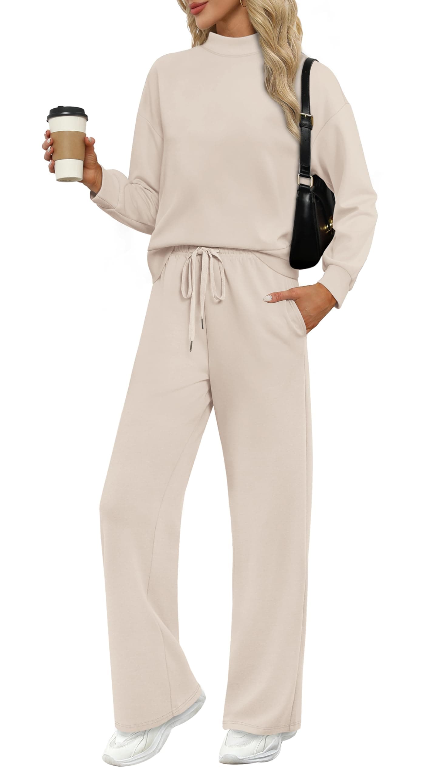 Two Piece Sets for Women Fall Outfits Lounge Sets Mock Neck Tops Wide Leg Pants Vacation Travel Airport Outfits