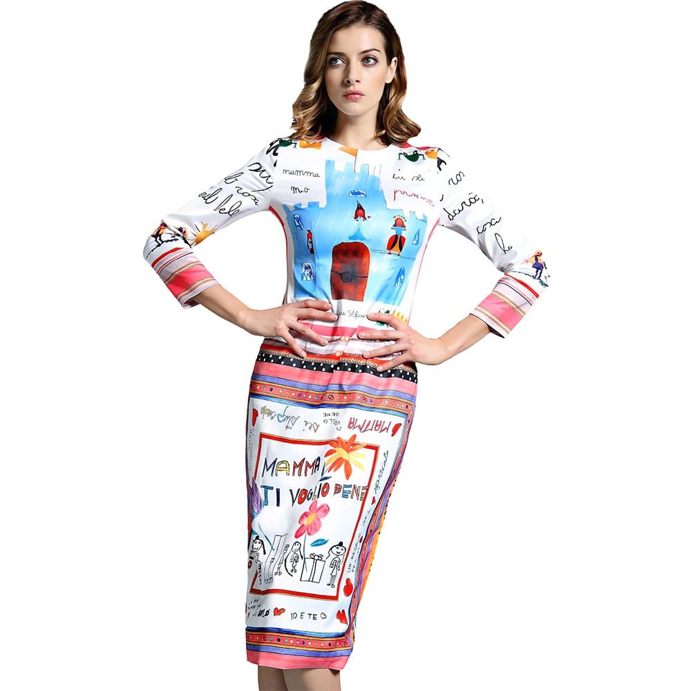 Full Sleeve Women Long Dress Letter Print Casual Slim Silk White Dress