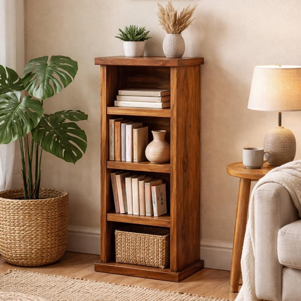 ANGEL FURNITURE Solid Sheesham Wood Space Saver Bookshelf – Honey Finish (46X23X110CM)