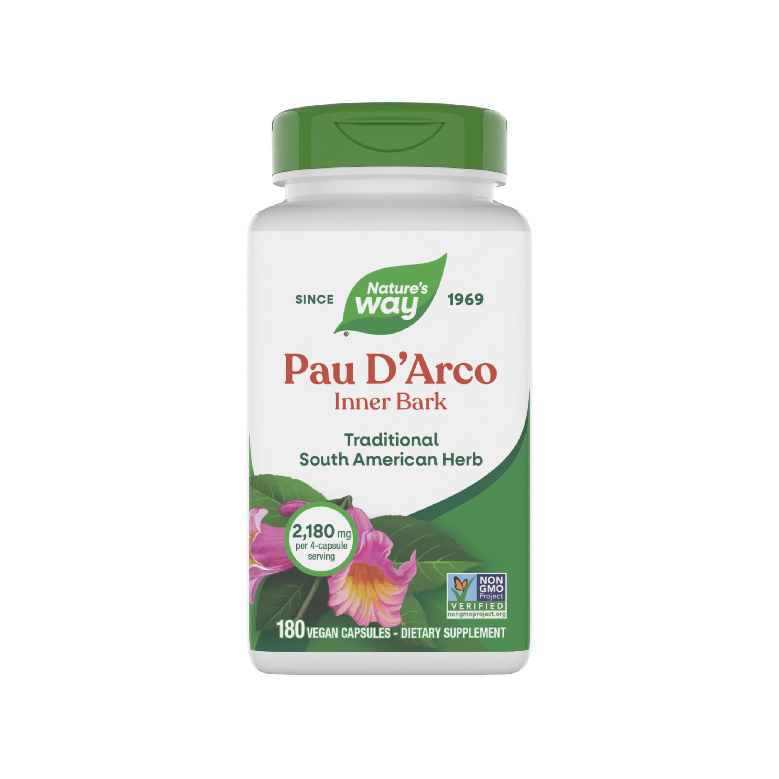 Nature's Way Premium Herbal Pau d'Arco Inner Bark, Traditional South American Ingredient, 1,090 mg per serving, 180 Capsules