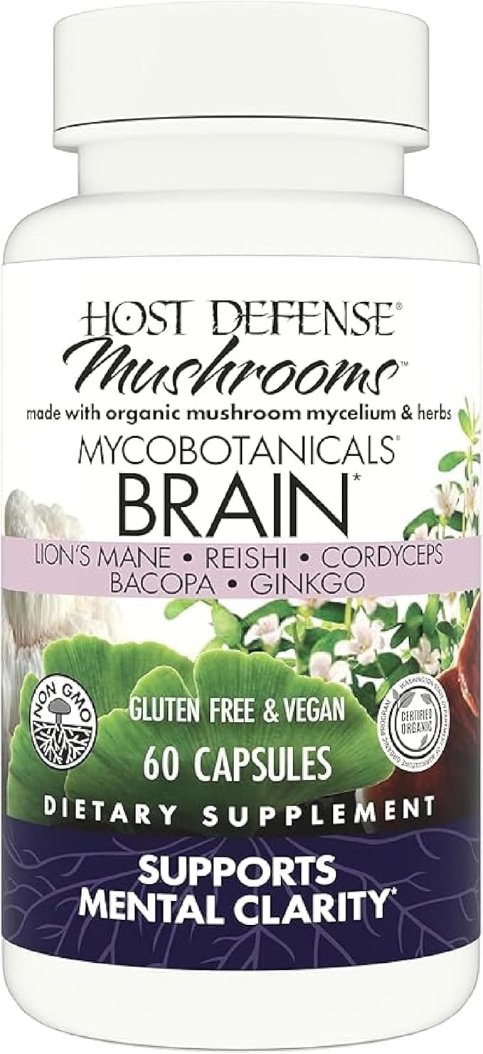 Host Defense MycoBotanicals Brain* Capsules - Brain Support Supplement with Lion's Mane, Reishi & Cordyceps Mushroom - Herbal Supplement for Memory & Focus Support - 60 Capsules (30 Servings)*