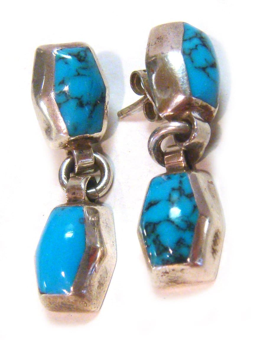 TAXCO .925 Sterling Silver Handcrafted Earrings Turquoise Inlay from Mexico