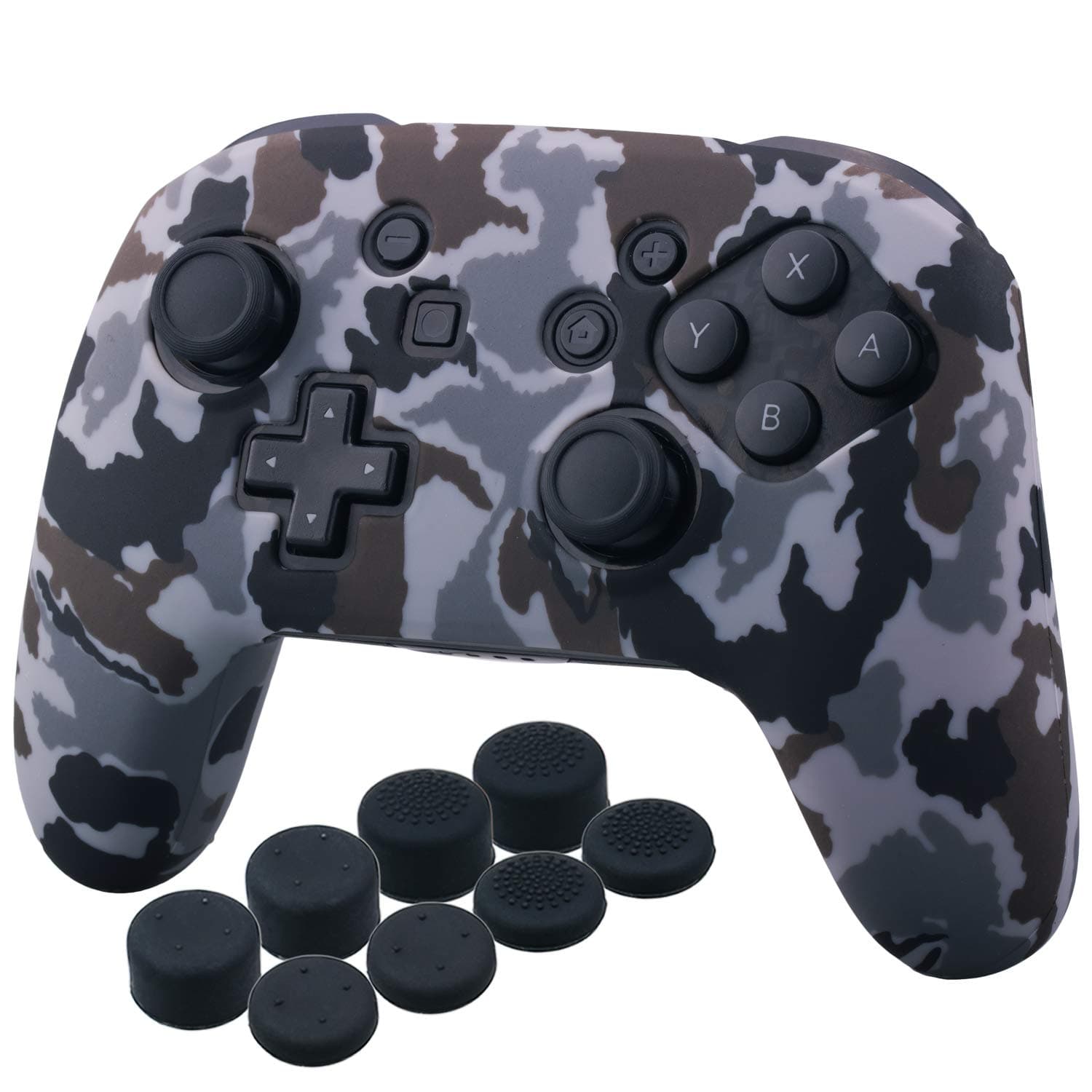 YoRHa Studded Silicone Transfer Print Cover Skin Case ONLY for Nitendo Official Switch Pro Controller x 1(Camouflage Grey) with Pro Thumb Grips x 8