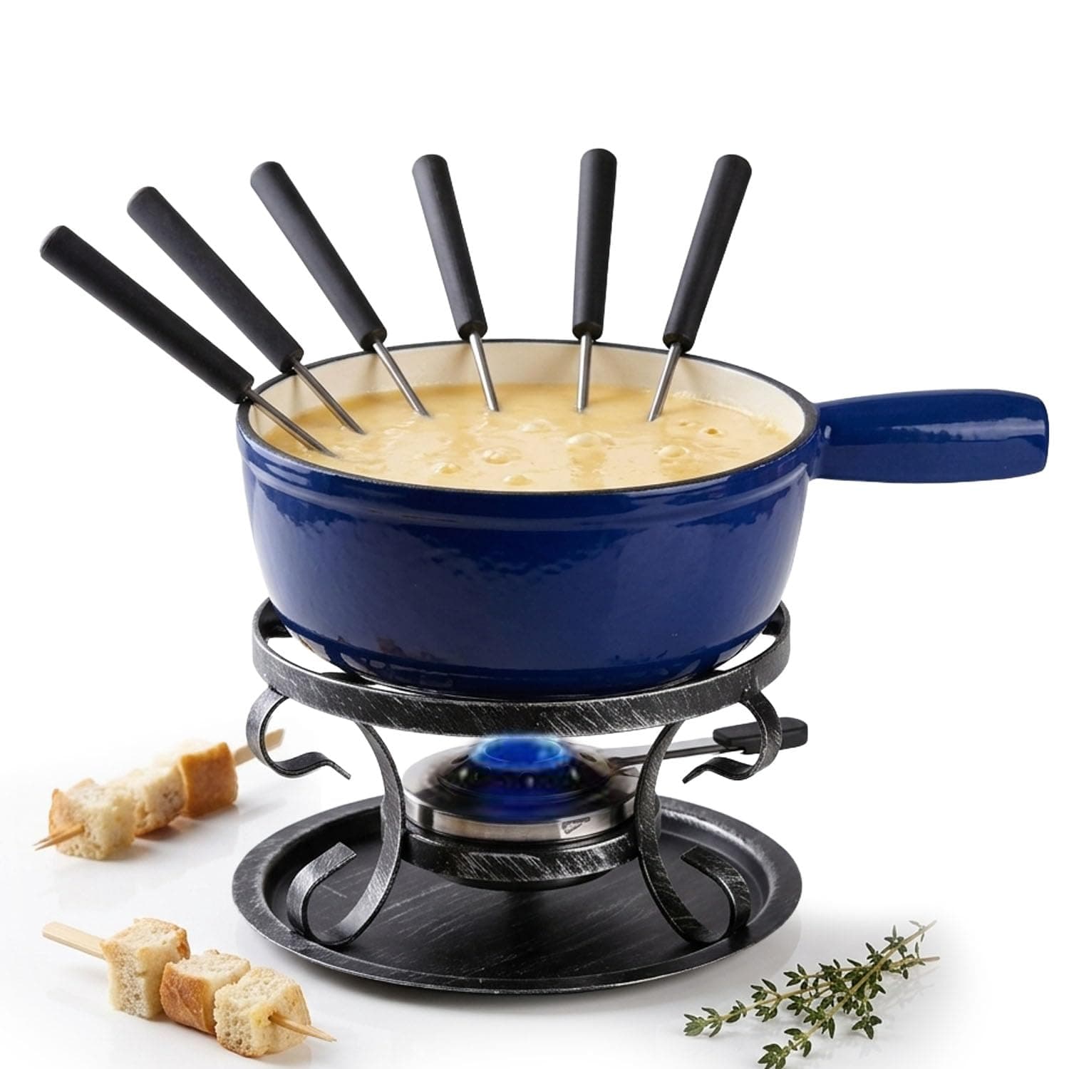 Artestia Cast Iron Fondue Pot Set for Cheese & Chocolate, Fondue Set for 6 with Burner & 6 Forks, Swiss Fondue Pot for Party, Family & Gift, Blue