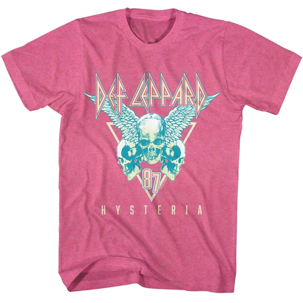 Def Leppard Hysteria '87 Three Skulls Adult Pink Heather Short Sleeve T Shirt 80s Rock Music Graphic Tees