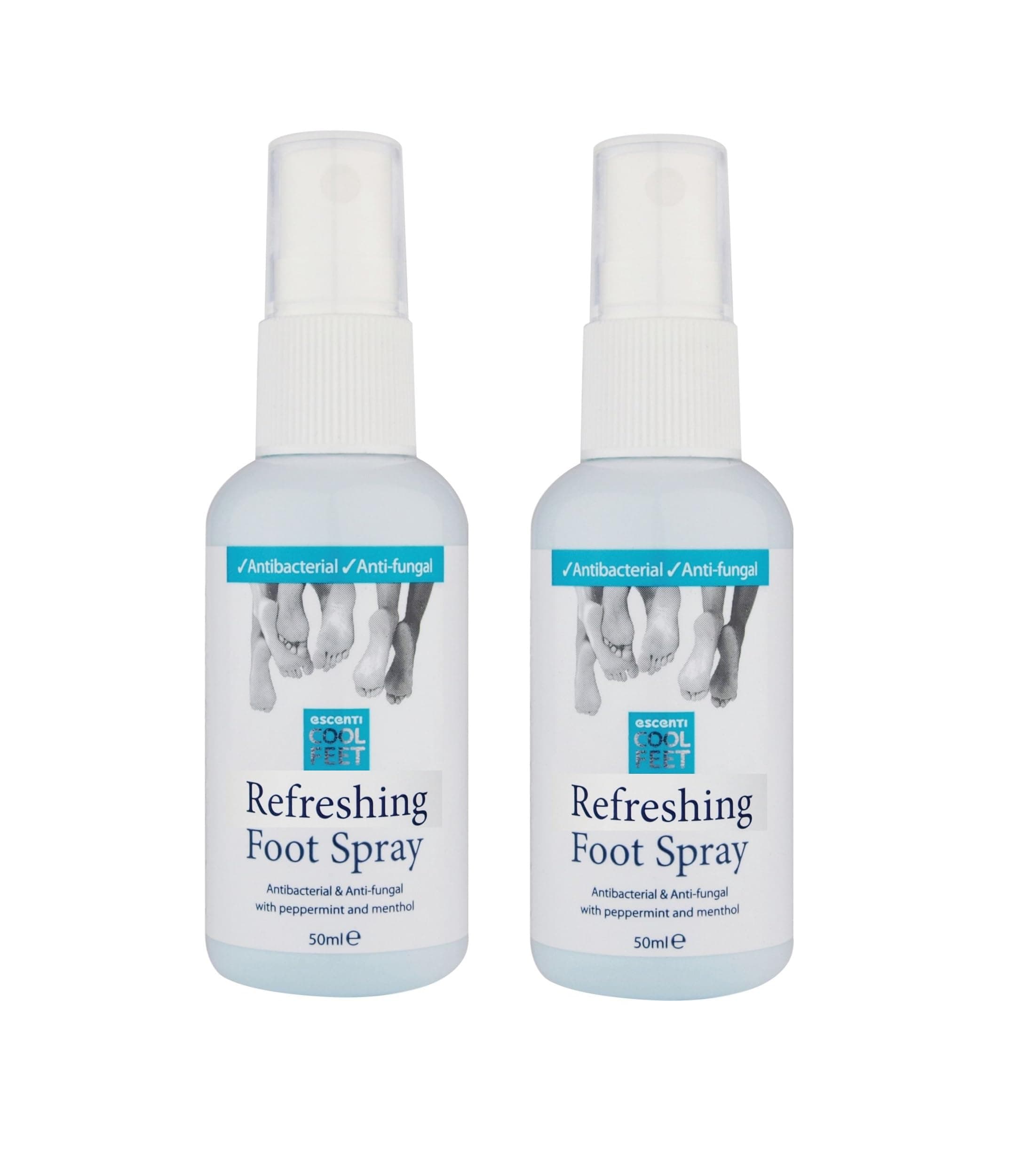 2 x Refreshing Antibacterial Foot Spray Vitamin E Peppermint Menthol Spritz 50ml