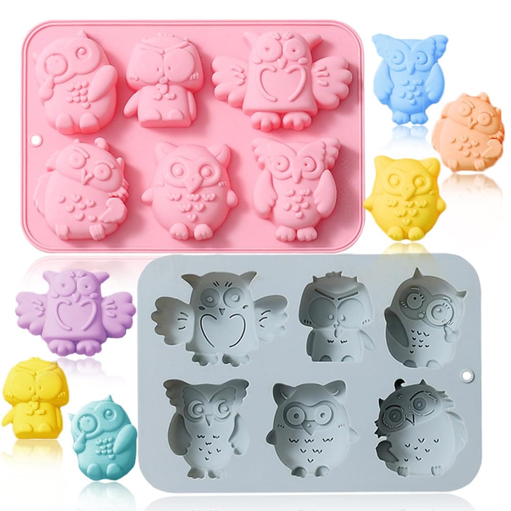 2 Pack Chocolate Molds Different Owl Shapes Silicone Molds for Cake Gummy Jello Ice Cube Crayon, Cake Decoration Soap Molds Silicone Baking Mold Making Kit, Lovely & Fun for Kids