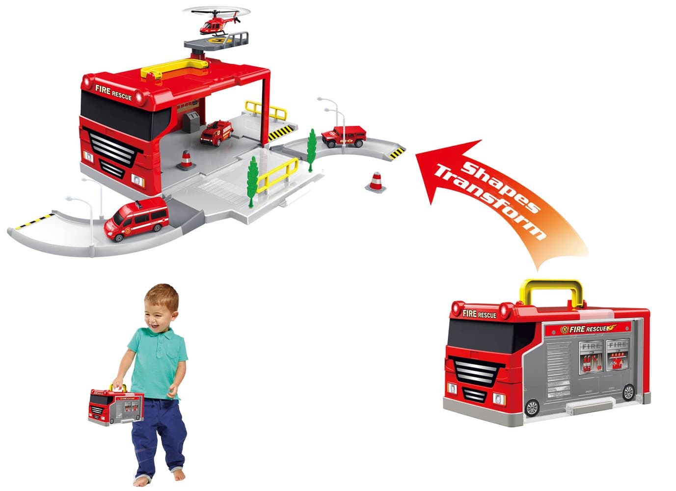 Brigamo Fire Brigade Station Car Parking Race Track with 2 Fire Brigade Toy Cars in Practical Fire Brigade Case with Carry Handle