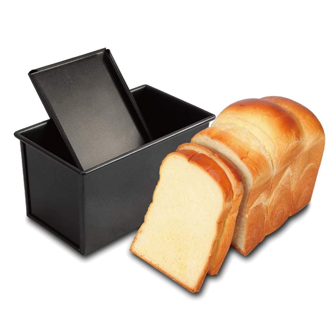 CANDeal Loaf Pan With Cover/Bread Baking Mould Cake Toast/Non-Stick Toast Box with Lid For 450g Dough, Vented Hole for Rapid Baking(Black, Smooth Style)
