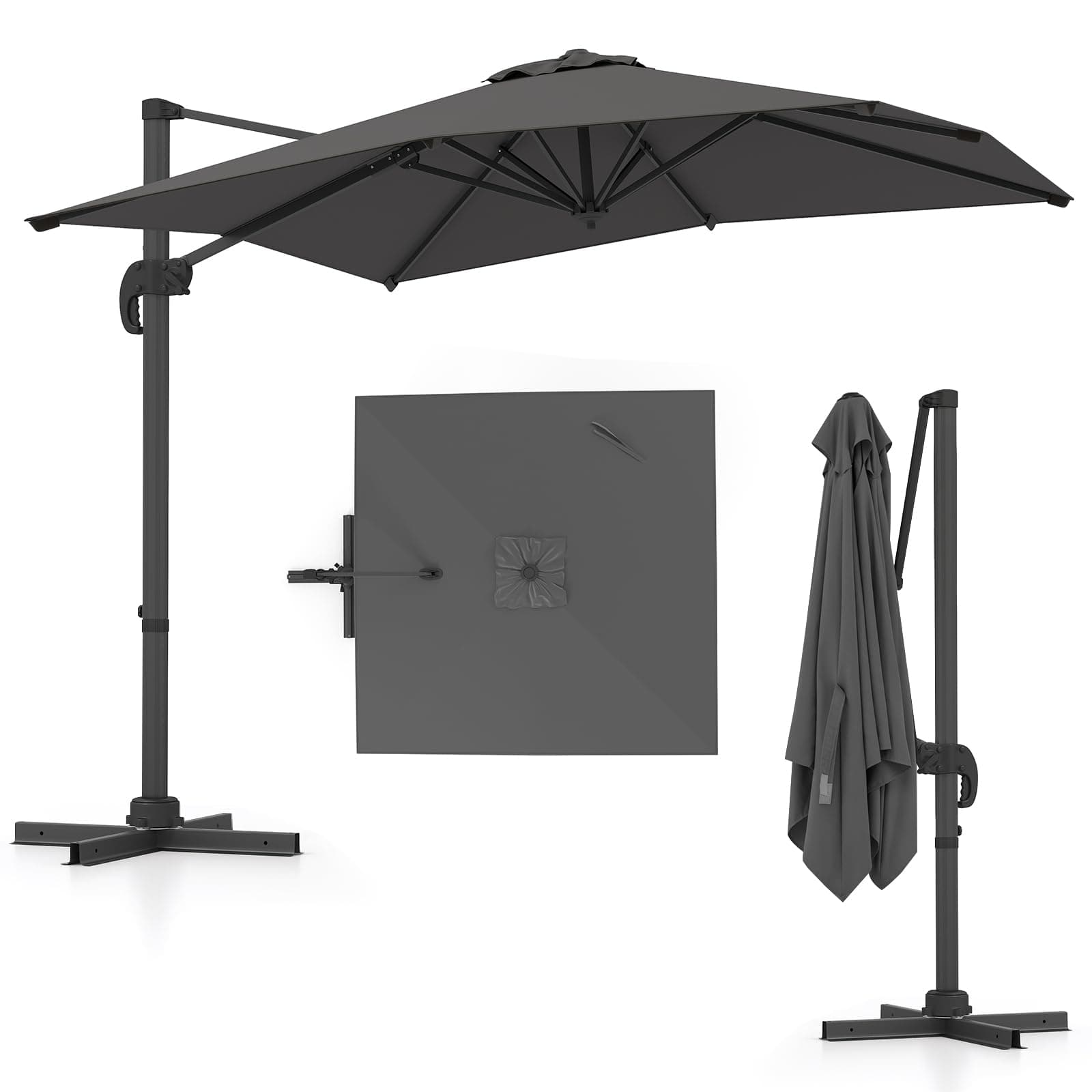 COSTWAY 2.5M Cantilever Garden Parasol, Square Offset Banana Umbrella with 5 Adjustable Tilt, 360° Rotation, Crank Handle & Cross Base, 8-Rib Outdoor Hanging Sun Shade Canopy for Patio Market