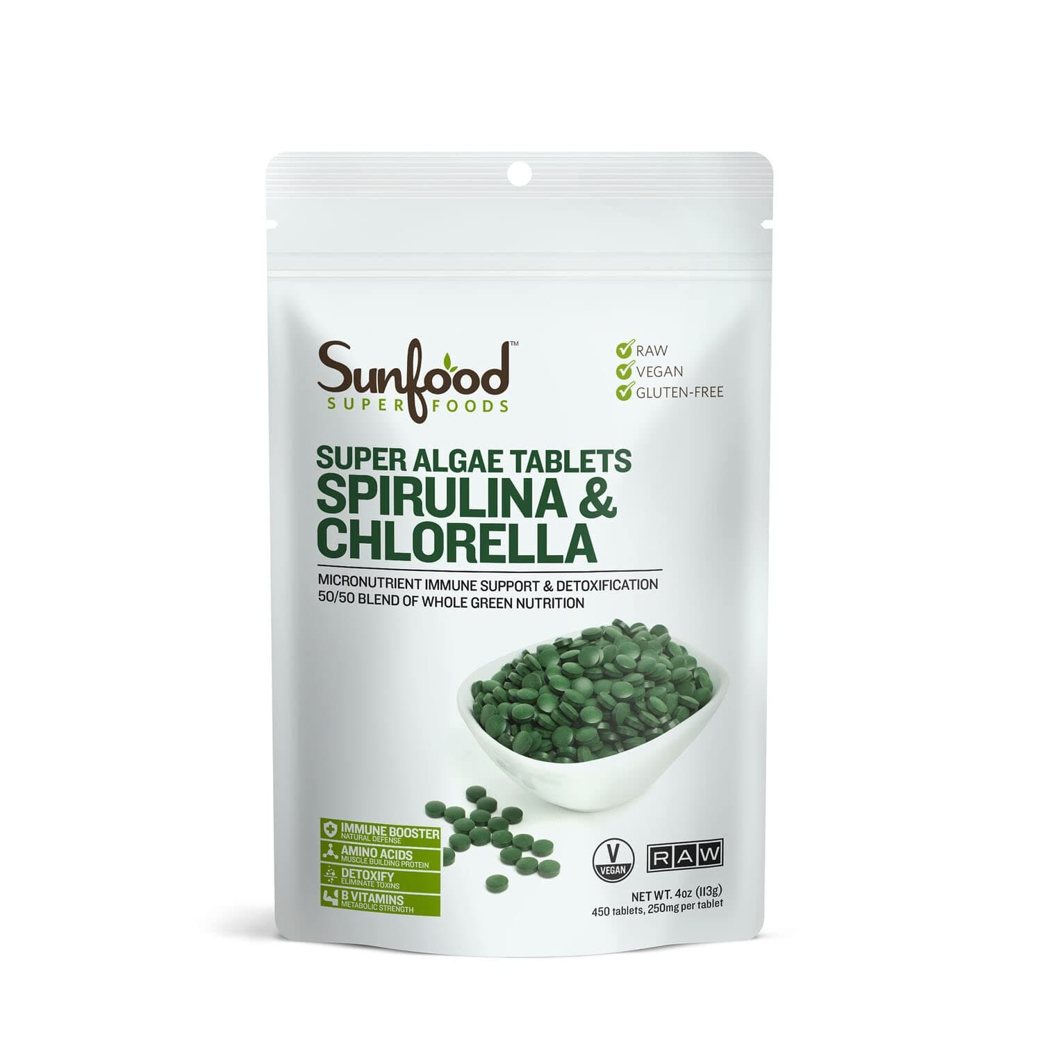 Spirulina & Chlorella Super Algae Tablets (No Fillers, Additives, Preservatives, 4oz Bag)
