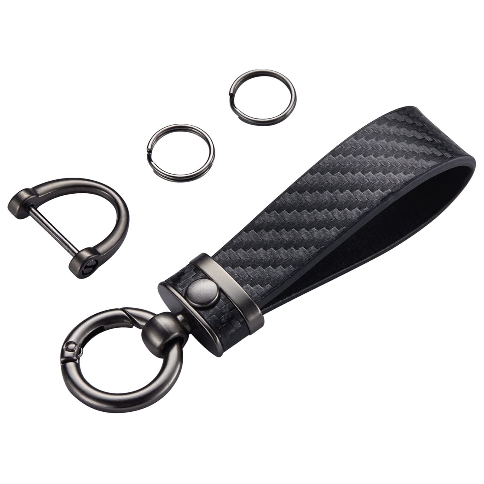 Carbon Fiber Style Car Keychain Microfiber Leather Key Chain , Universal Key Chains for Key Fobs for Men and Women, 360 Degree Rotatable with Anti-Lost D-Ring (Black)