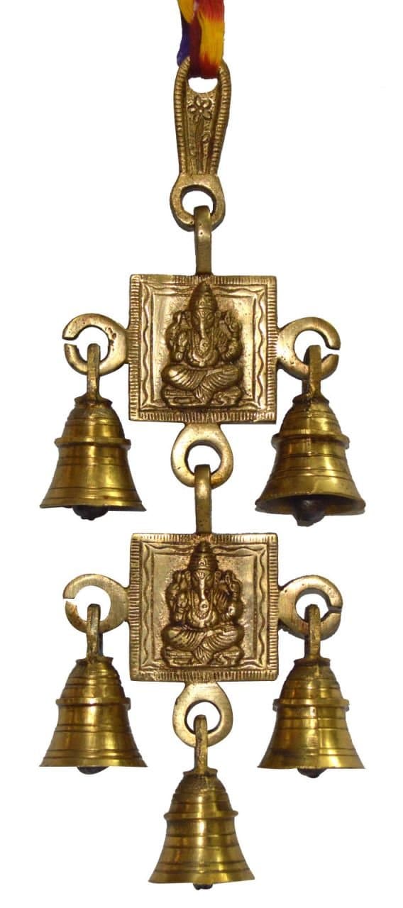 Shubh Labh God Ganesha/Ganesha Wall Hanging Bell Brass Metal Door Decoration, Shri Ganesh & Laxmi Ji -5Bells, Multicolor, 2-PATTABELL