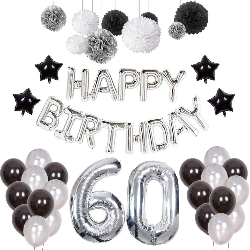 60th Birthday Decorations, Puchod Happy Birthday Banner Kit Number 60 Foil Ballon Party Decorations Set with Tissue Paper Pom Pom Balls Black & Sliver for Men