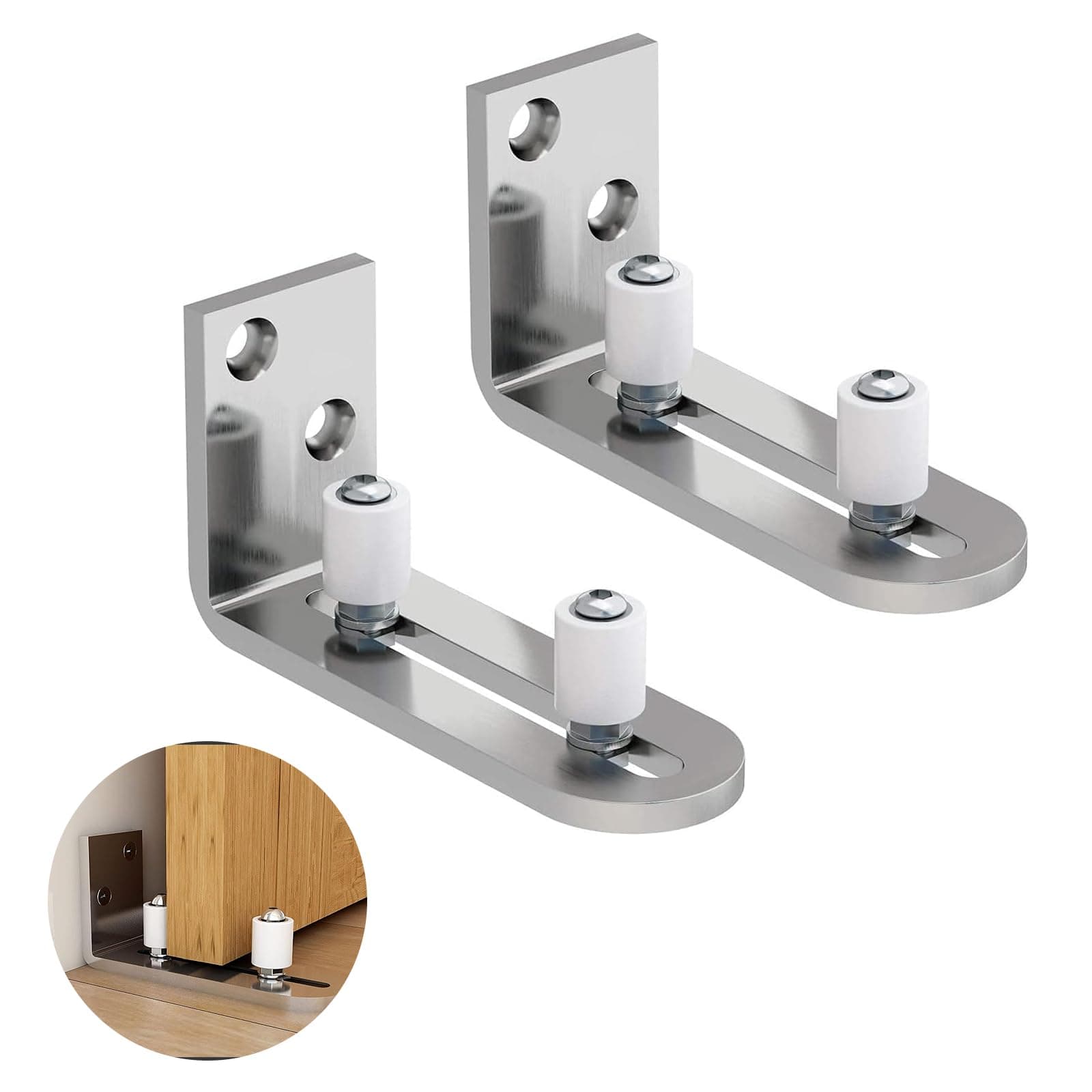 2 Pack Sliding Barn Door Floor Guides, Flush Sliding Door Bottom Guide, Adjustable Wall Mount Stay Roller Sliding Kit for Different Sizes of Sliding Doors(Silver)