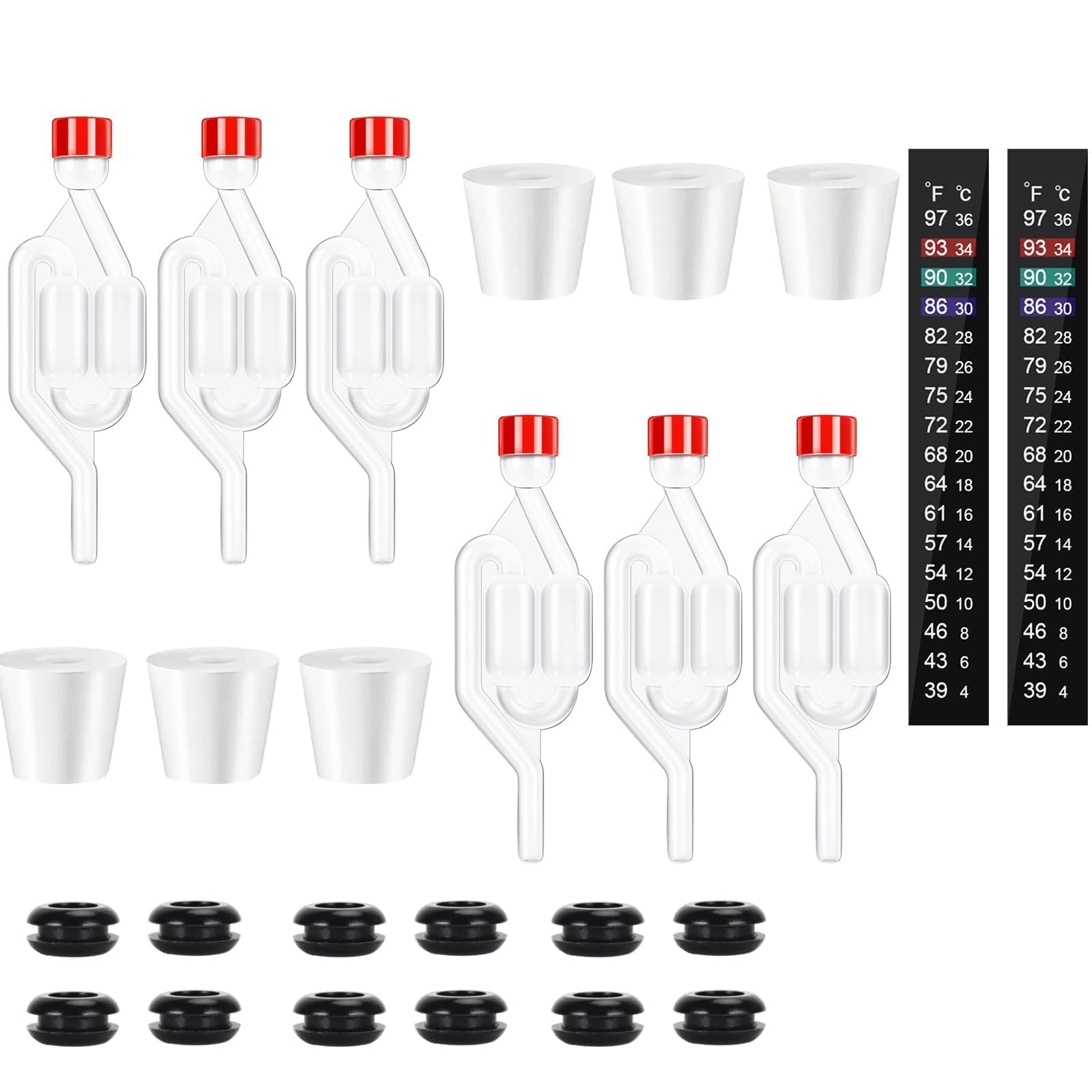 Twin Bubble Airlock Set, Air Lock for Fermenting, 6 Pack S - Shape Airlocks for Fermenting with #6 Carboy Stopper, 12pcs Airlock Grommets and 2pcs Brewing Thermometer Strips