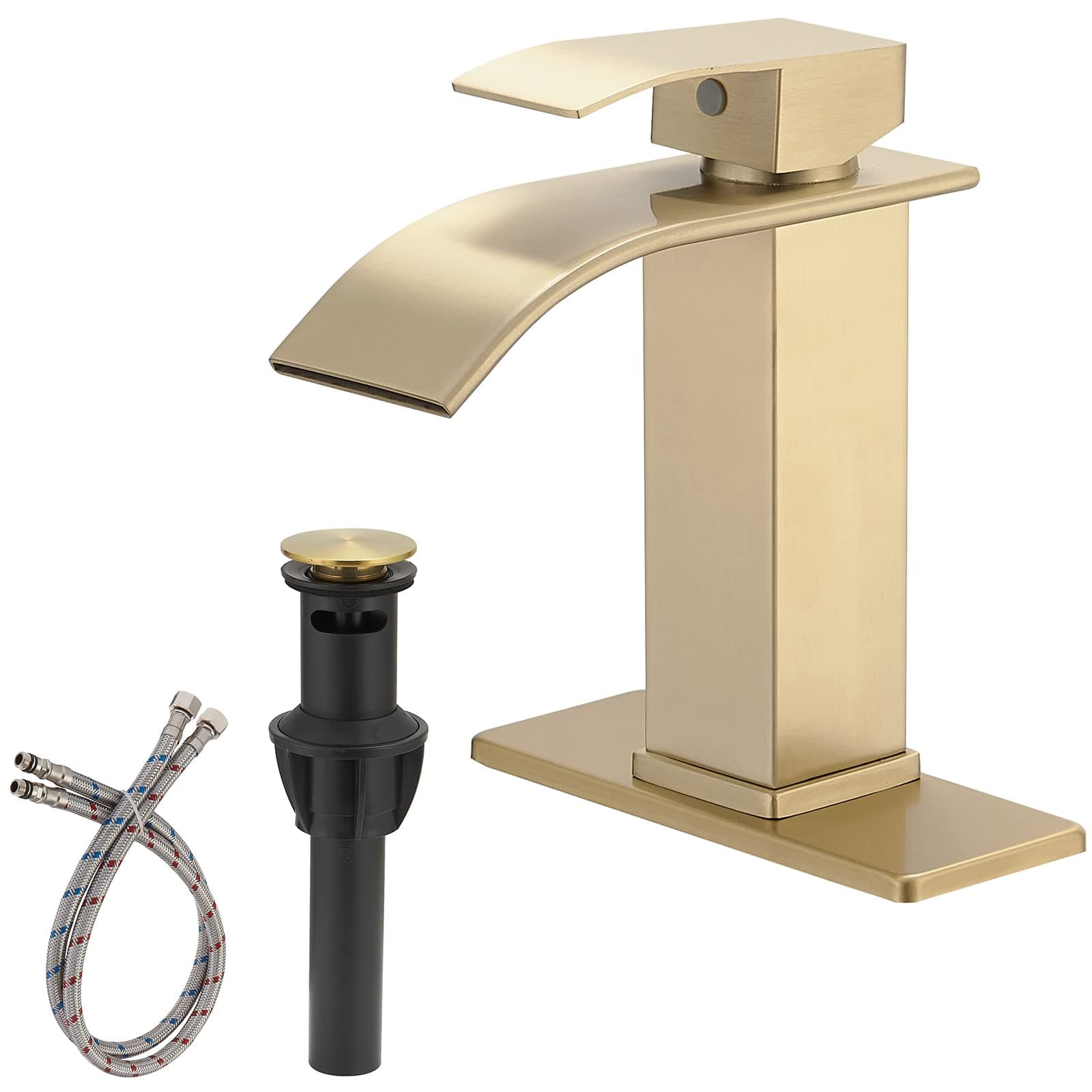 BWE Brushed Gold Bathroom Faucet Modern Single Hole Waterfall Faucet for Bathroom Sink RV Lavatory Vanity Mixer Tap Stainless Steel with Pop Up Drain Assembly and Supply Lines