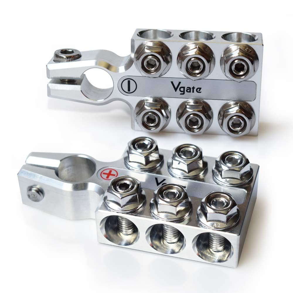 Lead Acid Battery Terminal Clamps, 8AWG up to 4/0(XL) AWG Gauge, 12-Way Connectors, Positive and Negative (+/-)(Pair) for SAE/DIN/EN Tapered Top Post