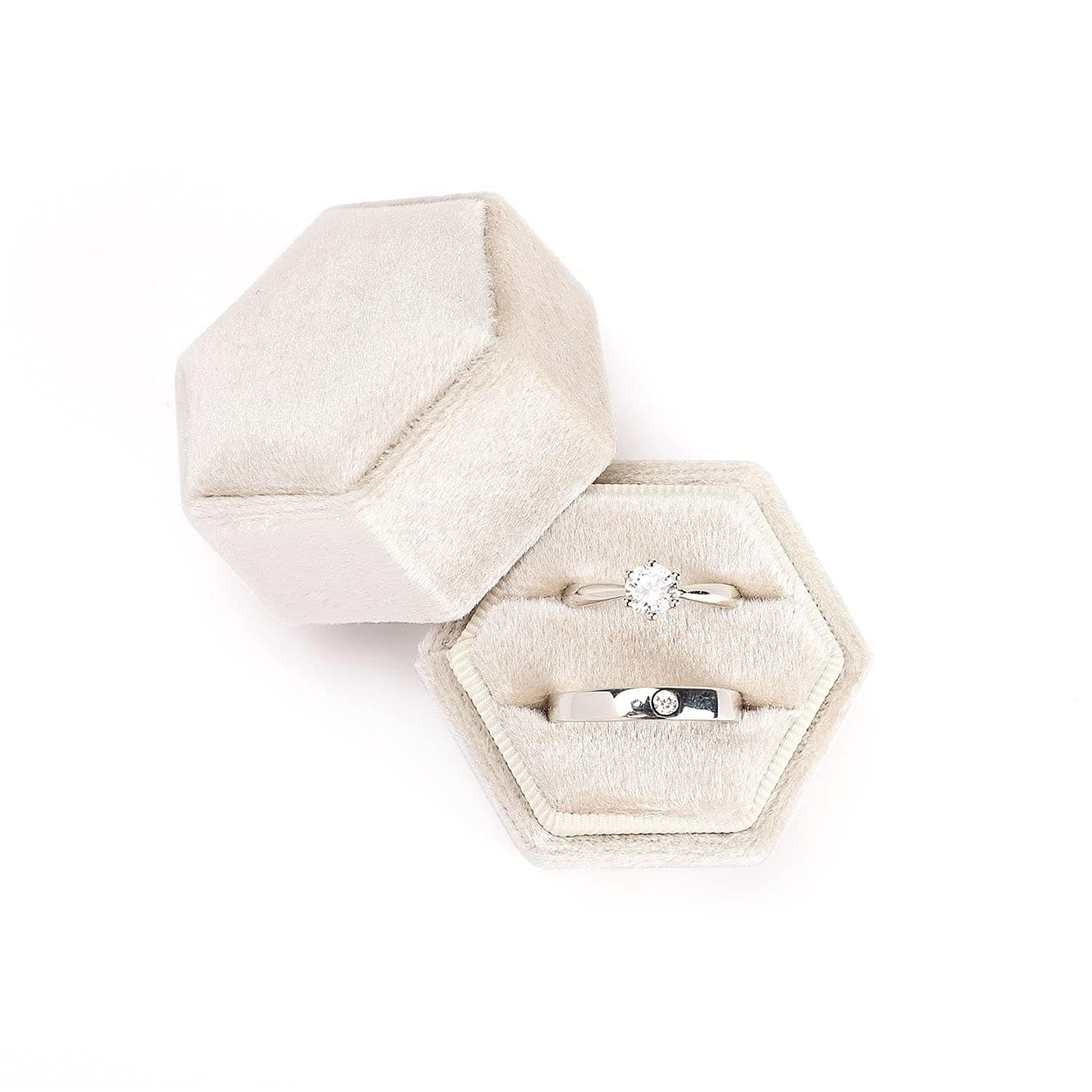 OossuiezlOossuiezl Velvet Jewelry Ring Box, Hexagon Premium Gorgeous Vintage Double Ring Gift Box with Detachable Lid for Proposal Engagement Wedding Ceremony