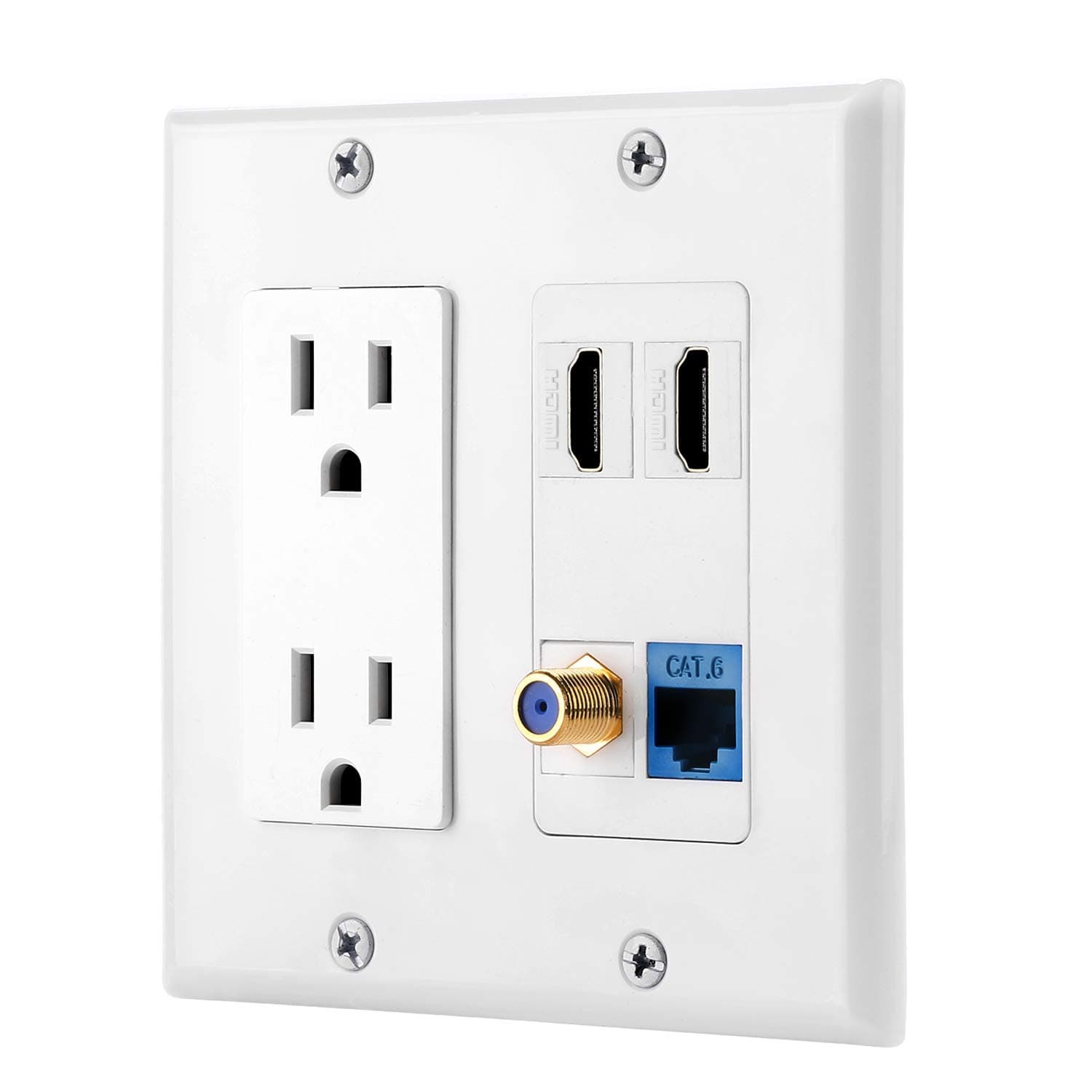 IBL-15A Power Outlet, 2 Port HDMI, 1 Cat6 Ethernet, 1 Coax Cable TV Wall Plate in White