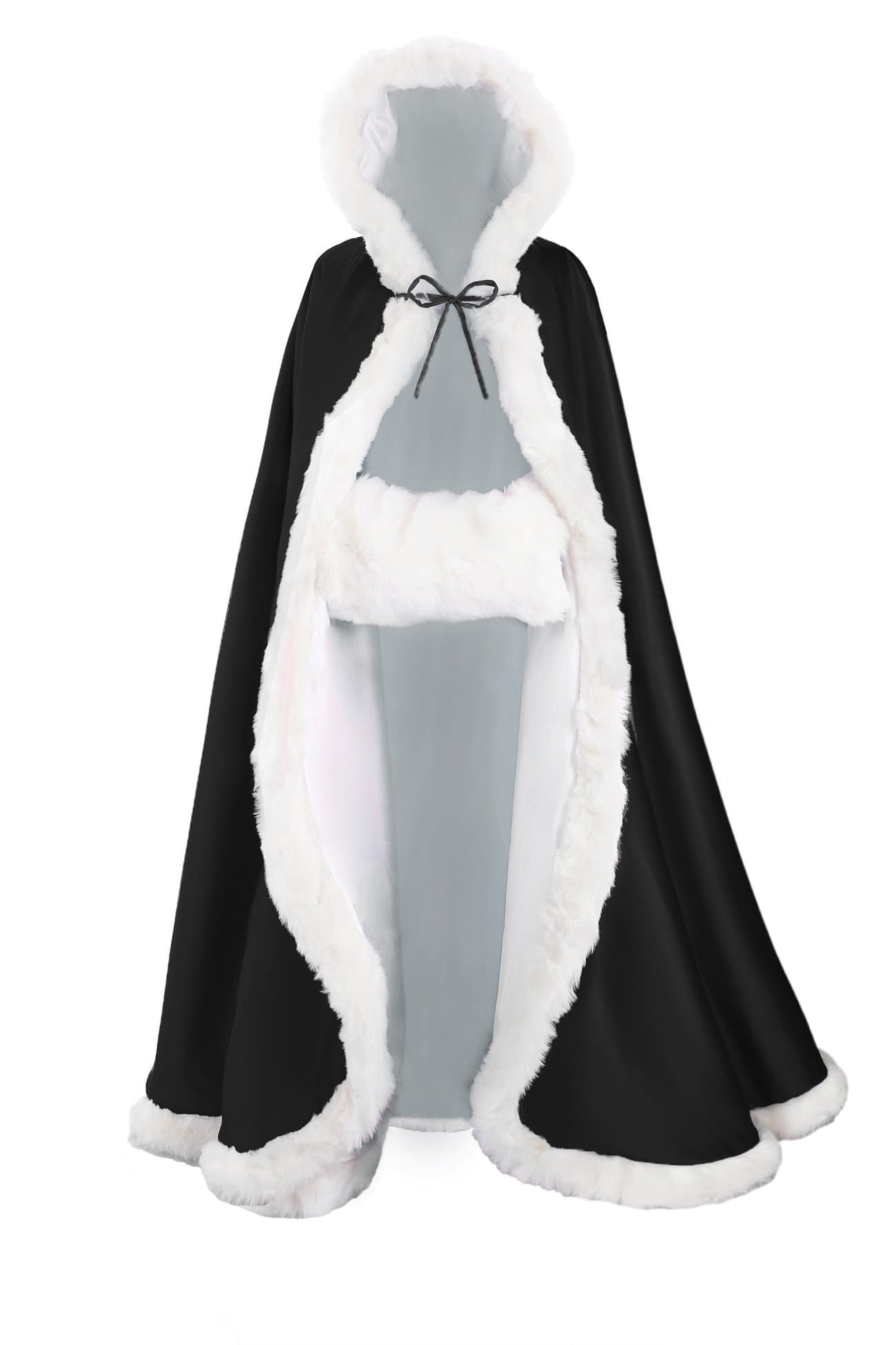 Wedding Cape Hooded Cloak for Bride Winter Reversible with Fur Trim Free Hand Muff Full Length 50 55 inches (19 Colors)