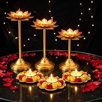 AGAAS ENTERPRISES Beautiful Set Of 3 Metal Long Lotus Style Tealight Candle Holder/Tlight Holder For Home Decoration/Table Decoration Diwali Decor Corporate Gift Item, Gold