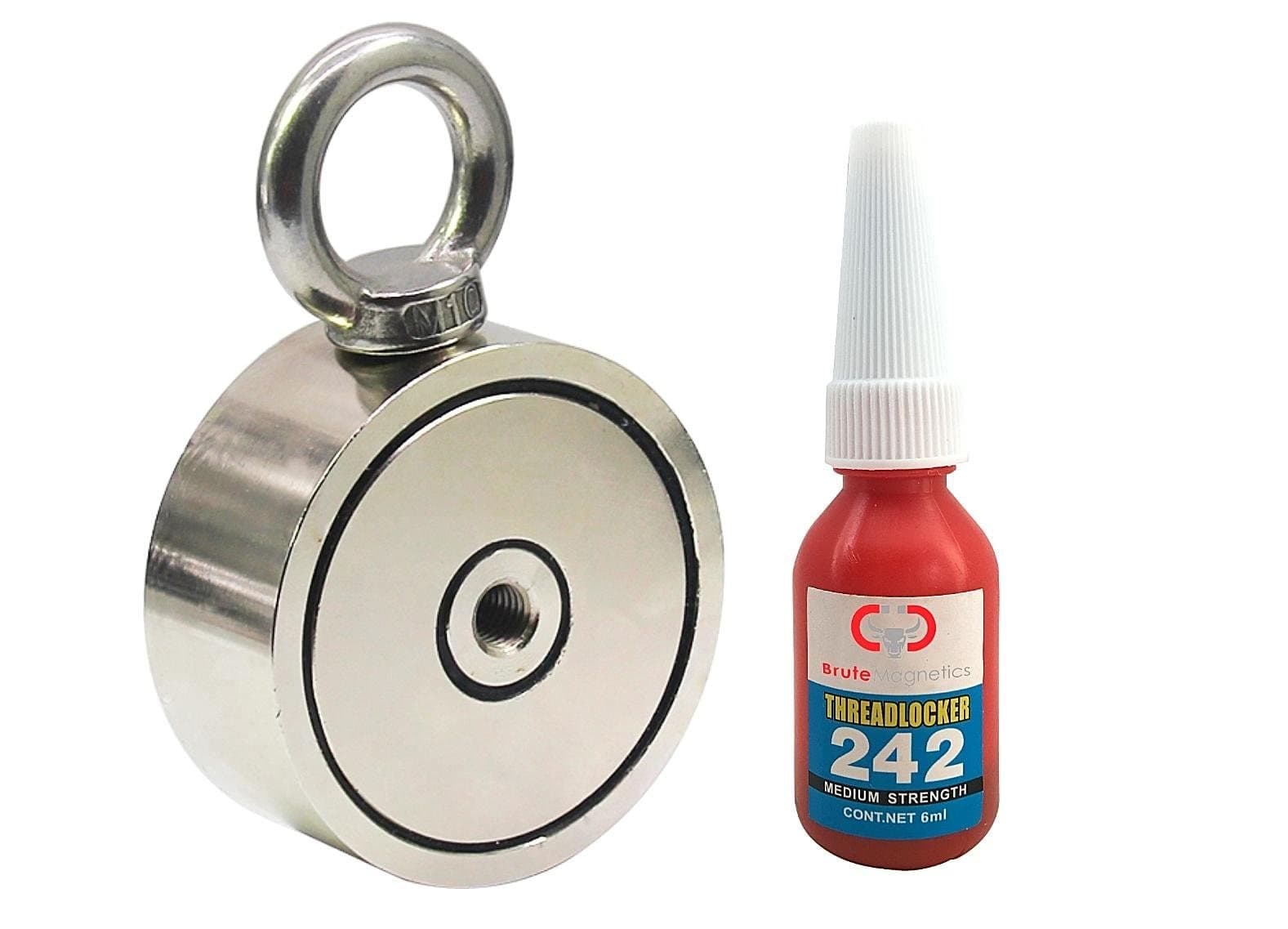 Brute Magnetics 1200 lb Single Sided Fishing Magnet | 2.95" Rare Earth Neodyminum Fishing Magnet| Includes Eyebolt and Threadlocker | Strong Magnets for Fishing in Lakes or River