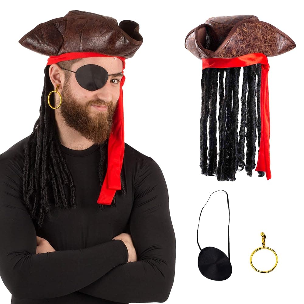 Pirate Hat with Dreadlocks - Tricorn Hat - Caribbean Pirate Costume Accessories (3 Pc Set), Brown