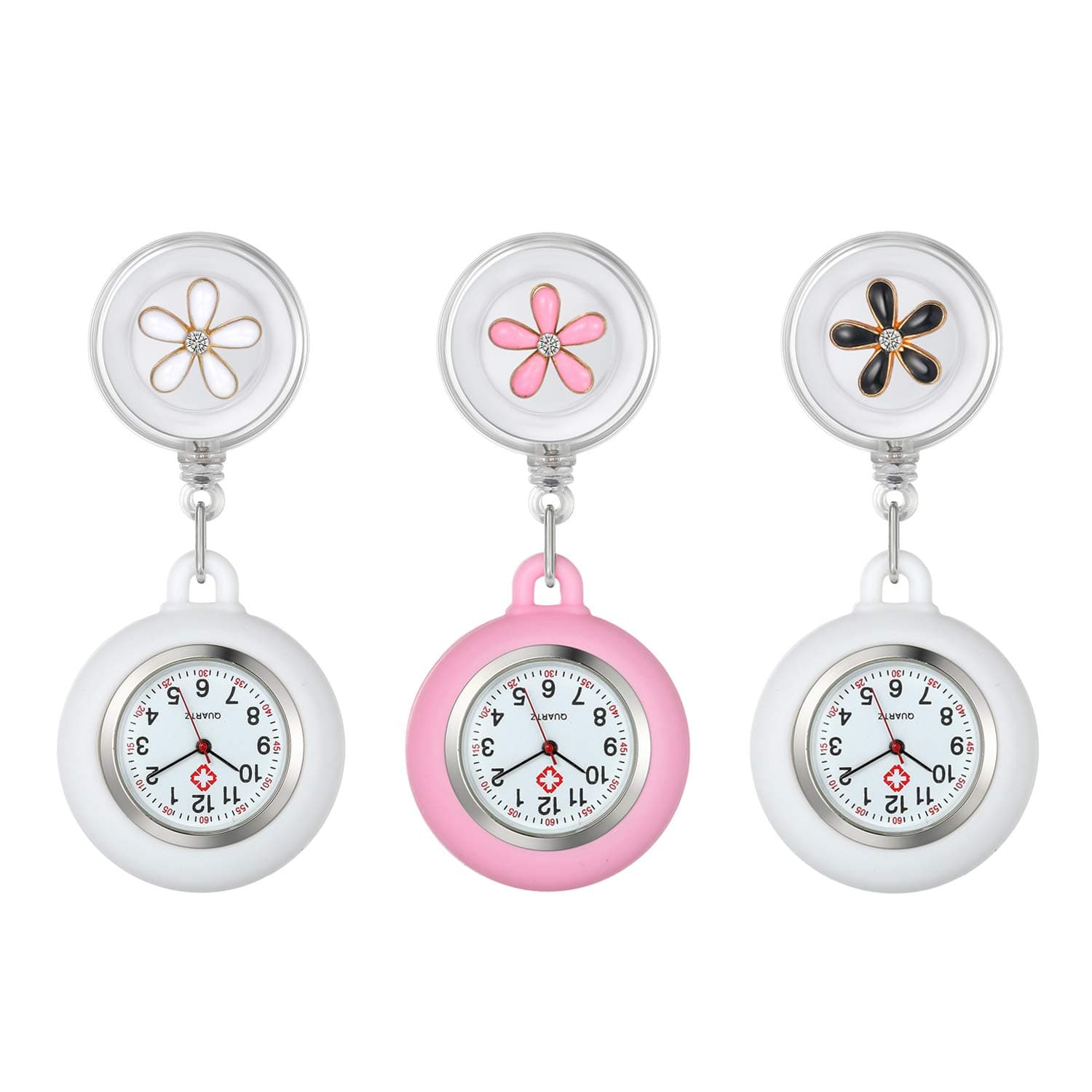 Lots of 3 Retractable Nurse Watch with Second Hand for Nurses Doctors Clip-on Lapel Hanging Nurse Watches Cute Leaves Pattern Silicone Cover Badge Stethoscope Fob Pocket Watch for Women and Men