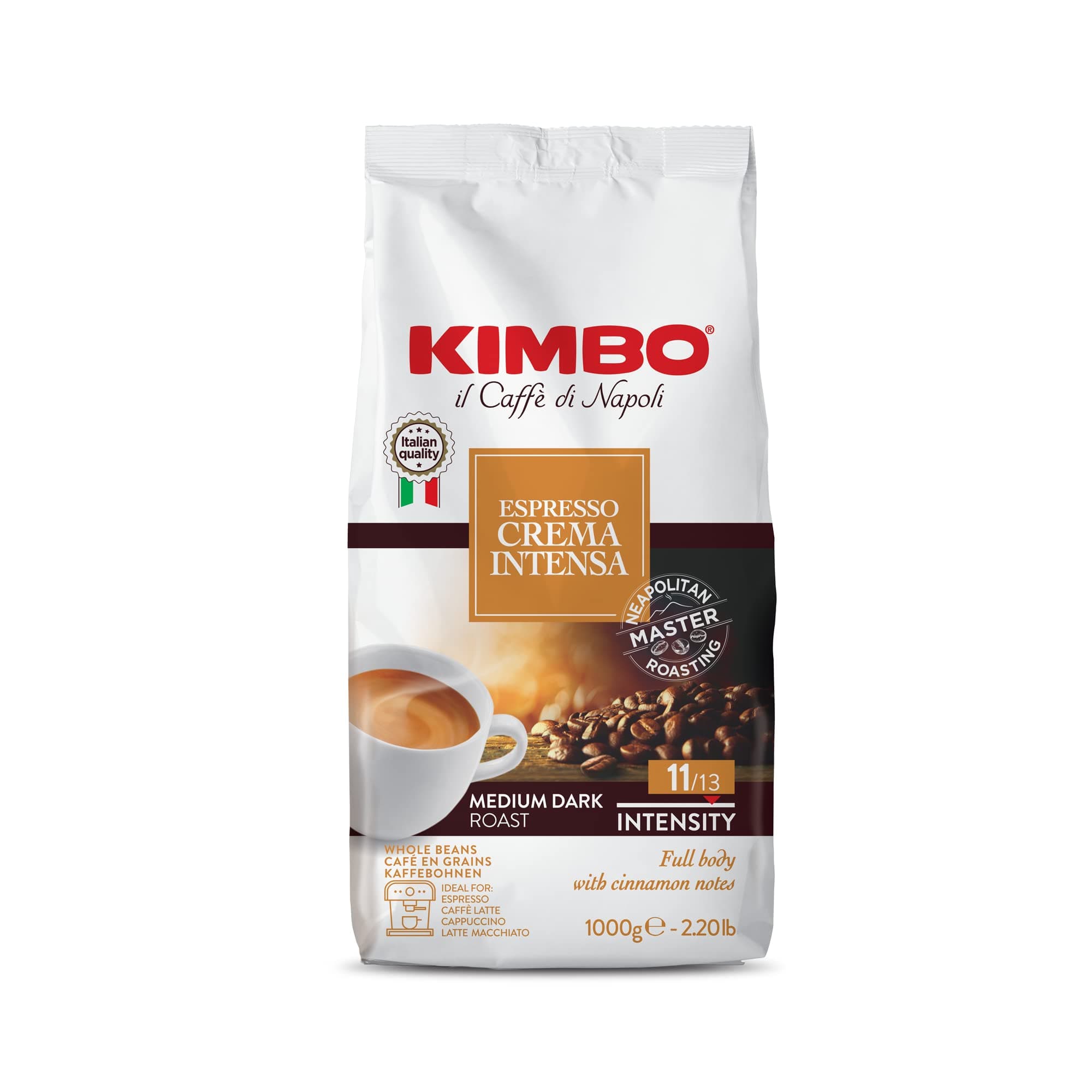 Kimbo Coffee, Espresso Crema Intensa, Italian Whole Coffee Beans, Medium Dark Roast, 11/13, 6 x 1kg