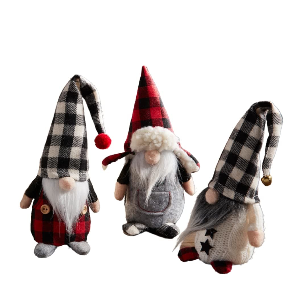 Mud Pie Home Lodge Holidays Christmas 6" Cotton, Felt and Knit Gnomes 3 Piece Set, 6" H, Red, Gray, White, Multicolor