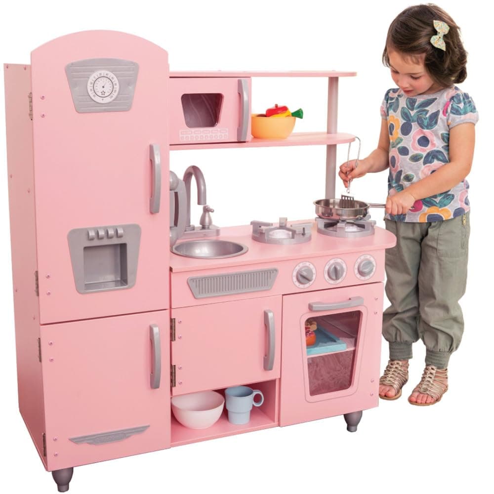 Vintage Wooden Play Kitchen with Pretend Ice Maker and Play Phone, Pink