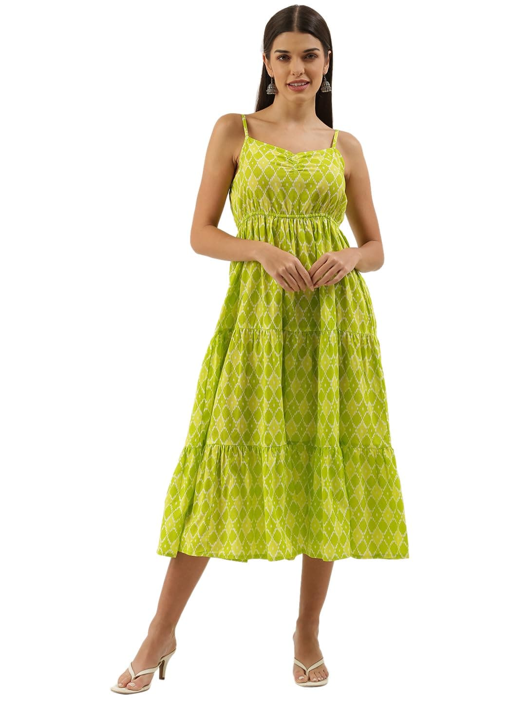 FABRIC FITOORWomen Cotton Lime Green Color Geometric Print Fit & Flared A-Line Dress with Shoulder Straps (Size-XL), Green, 42