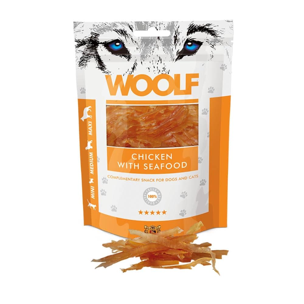 WOOLF Chicken with Seafood Dog Treats - Complementary Snacks for Dogs. All-Natural Ingredients, High Meat Content, Nutritional, Free from Artificial Additives. Suitable for Dogs (100g)
