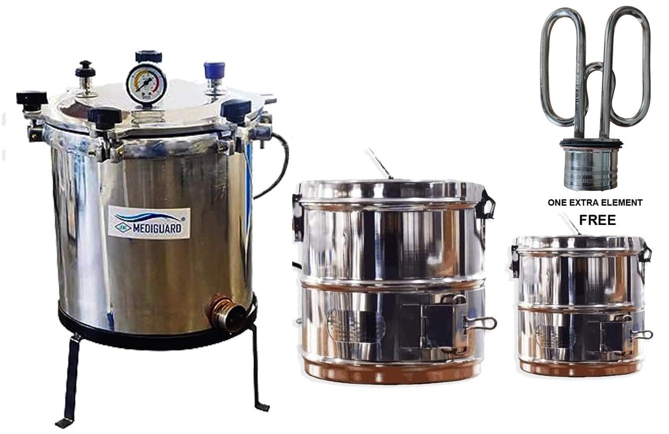 Surgical Autoclave Six Wing Nut Electrical Mirror Finish Size 12" x 12" Capacity 21L & Dresing Drums Bins 11"x9" & 9"x9" Heavy Duty, Combo 1 Extra Element Free