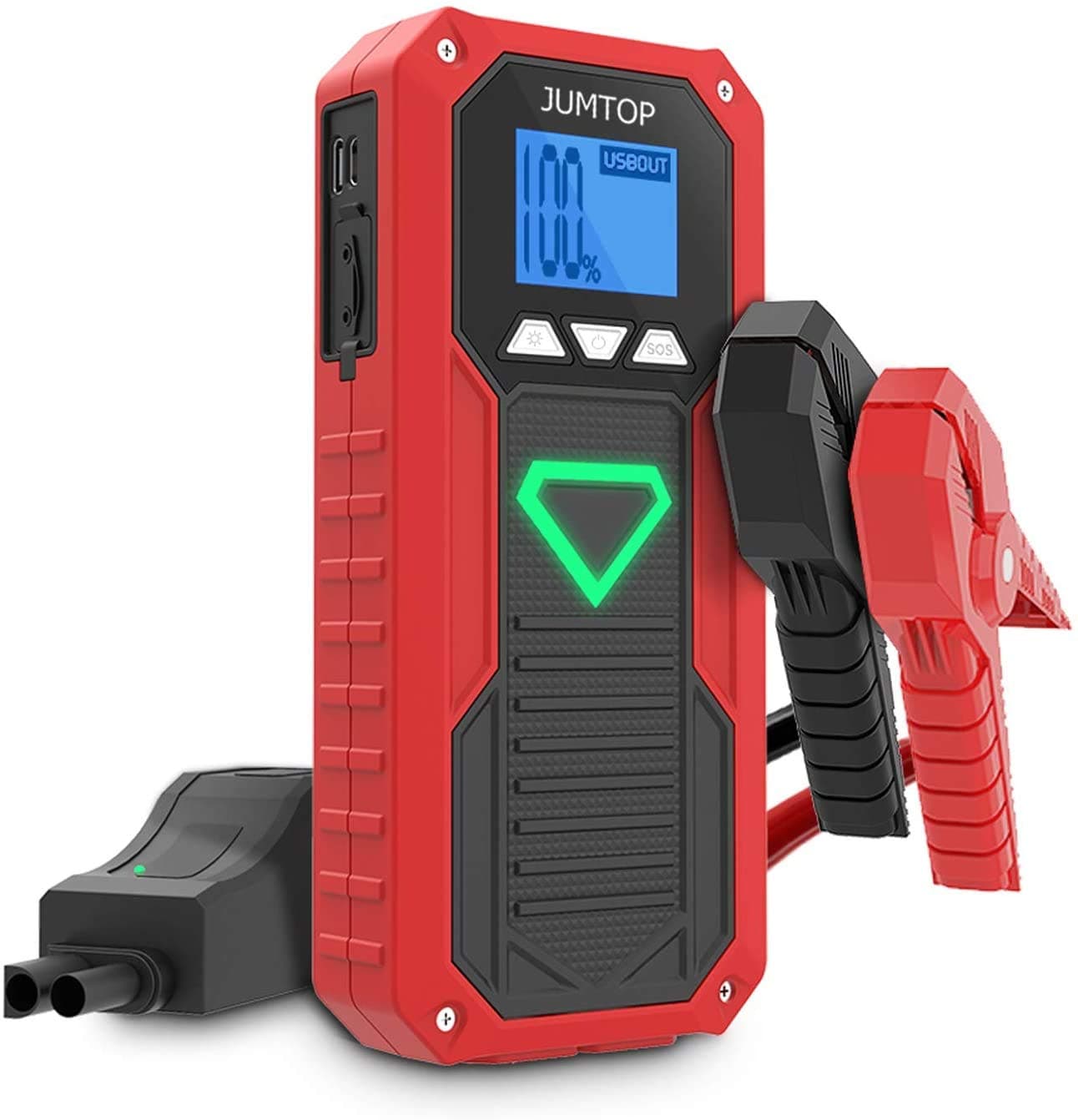 JUMTOP 2000A Peak Portable Car Jump Starter (8.0L Gas/6.5L Diesel Engine) Auto Battery Booster & Power Bank and Phone Charger with Dual USB Smart Charging Port and LED Flashlight