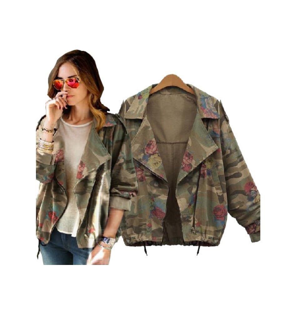 Camouflage Jackets For Women, Army Green Camouflage Rose Print Jacket