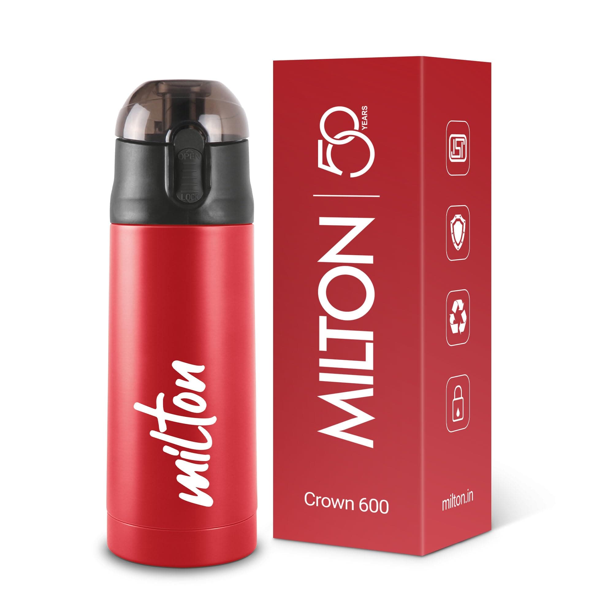 Milton New Crown 600 Thermosteel Water Bottle 500 ml with One Touch Safety Lock, 24 Hours Hot and Cold, Leak Proof Lid, ISI Certified I Vacuum Insulated I for Office, Gym, School I Red