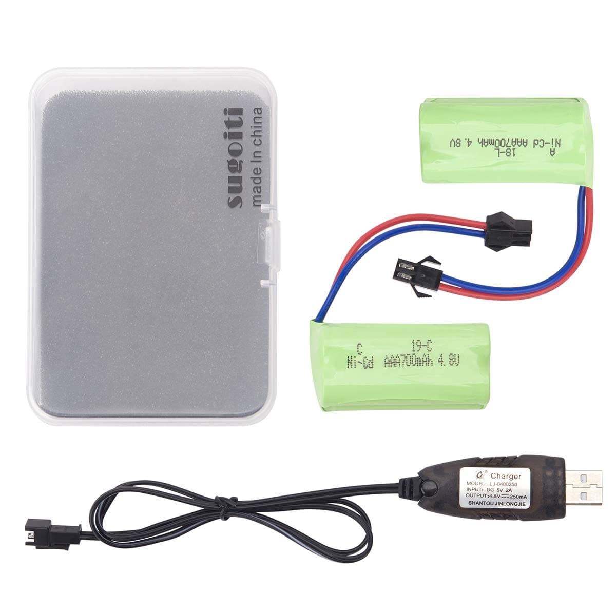 Sugoiti 2 Pack 4.8V 700mAH AAA Ni-Cd Rechargeable Battery with SM-2P Plug and 1 USB Charger Cable for Remote Control Car