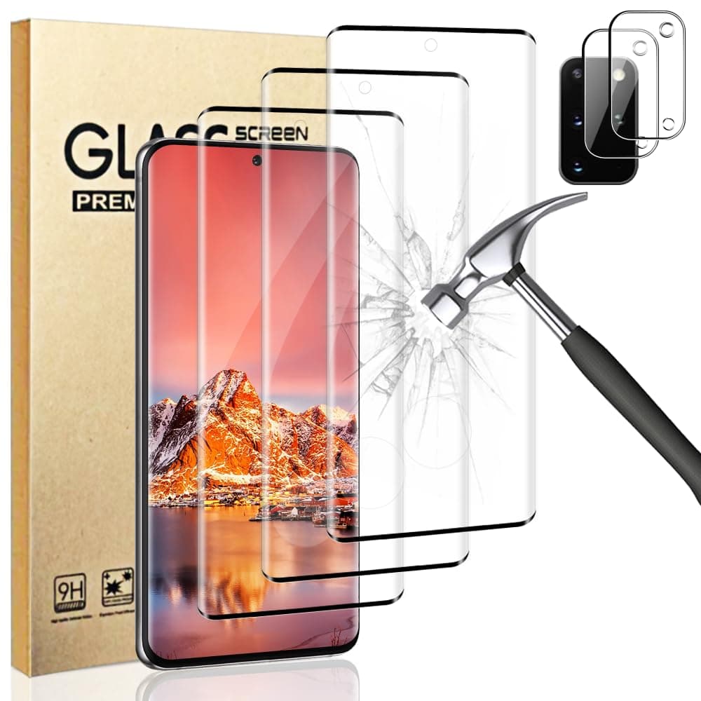 (3+2 Pack) Galaxy S20 Plus Screen Protector + Camera Lens Protector, Full Clarity Coverage,9H Tempered Glass, Ultrasonic Fingerprint Support,Anti Bubble,3D HD Curved for Samsung S20 Plus(6.7 Inch)