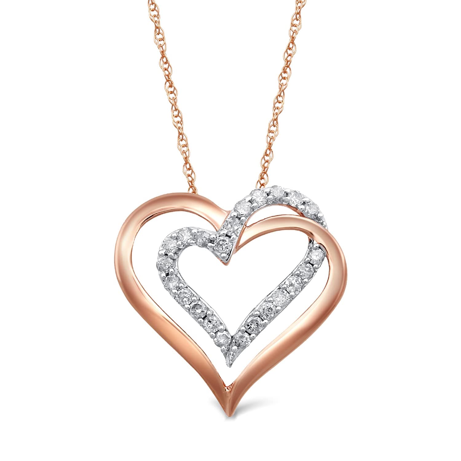 Jewelili10k Gold Diamond Double Heart Pendant Necklace, 18" (1/4cttw)