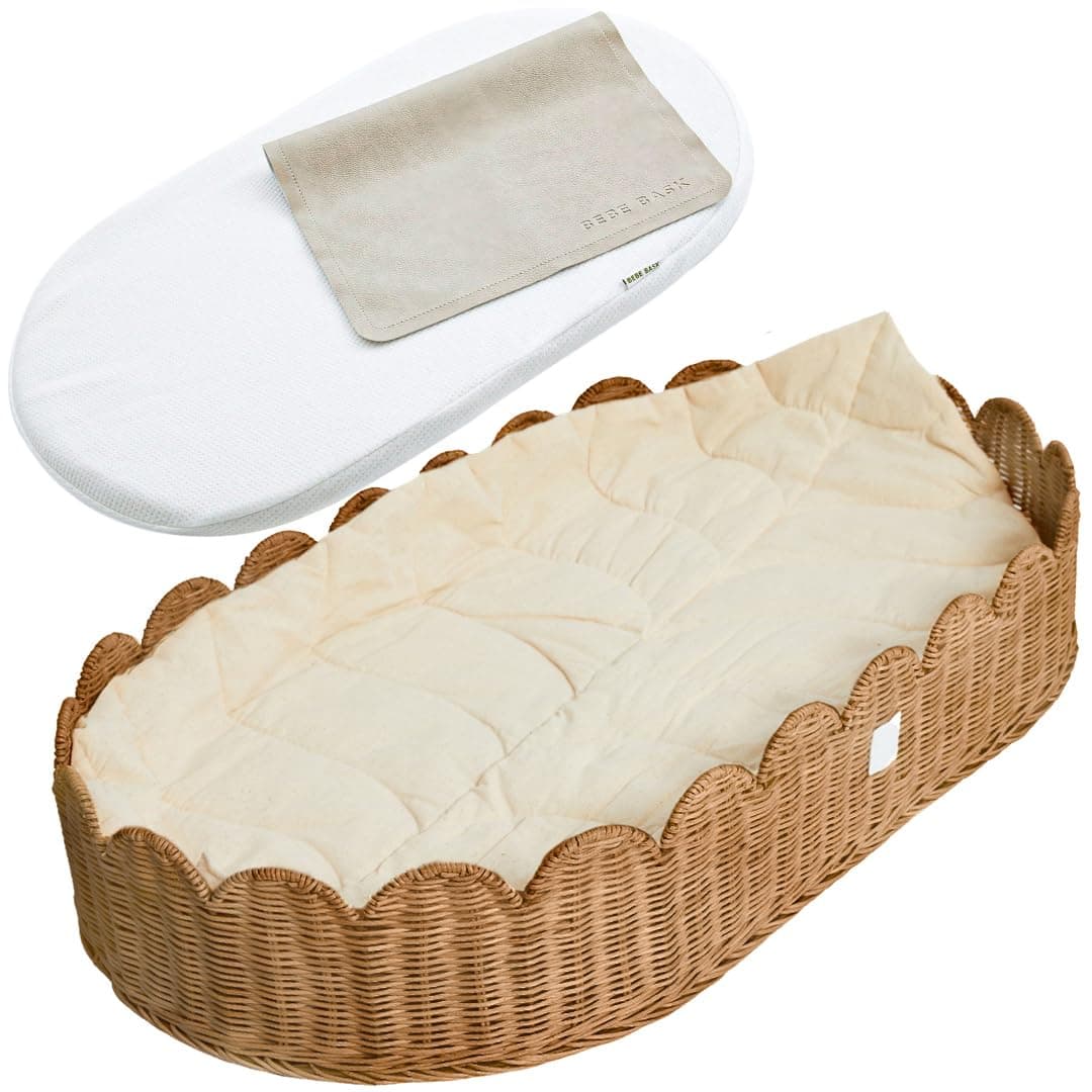 Premium Baby Changing Basket - Artisan-Crafted Scalloped Rattan - Changing Basket for Baby Dresser - All Accessories Included - Complete Set for Nursery (Mocca)