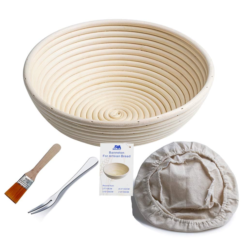 Banneton Proofing Basket 10" Round Banneton Brotform for Bread and Dough [FREE BRUSH] Proofing Rising Rattan Bowl + FREE LINER (1000g dough) Light Brown