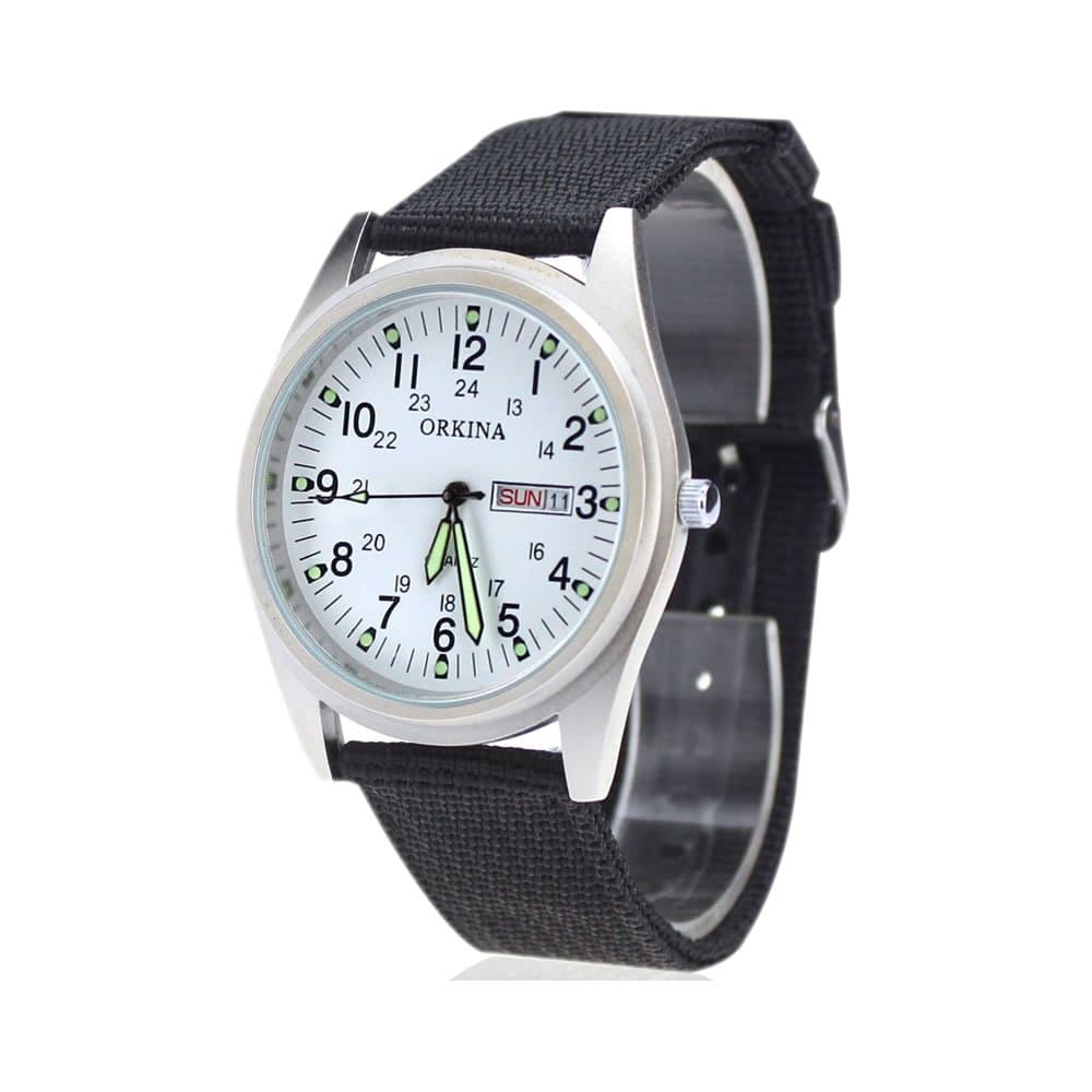 Orkina Mens White Dial Quartz Nylon Date Day Fabric Band Wrist Watch P104CA-SW