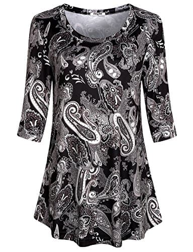 Hibelle Peasant Blouses, Womens Quarter Sleeve T Shirts Crew Neck Flow A Line Pattern Tops For Work Fall Tunics For Maternity Dressy Simple Retro Boutique Clothing Multicolor Coffee XXL