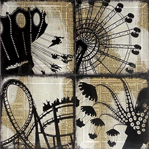 Amusement Park Rides 4 or 5 Inch Square Handmade Glass Coaster Set from Upcycled Dictionary page book art - WilD WorDz - Ridin' the Wordz